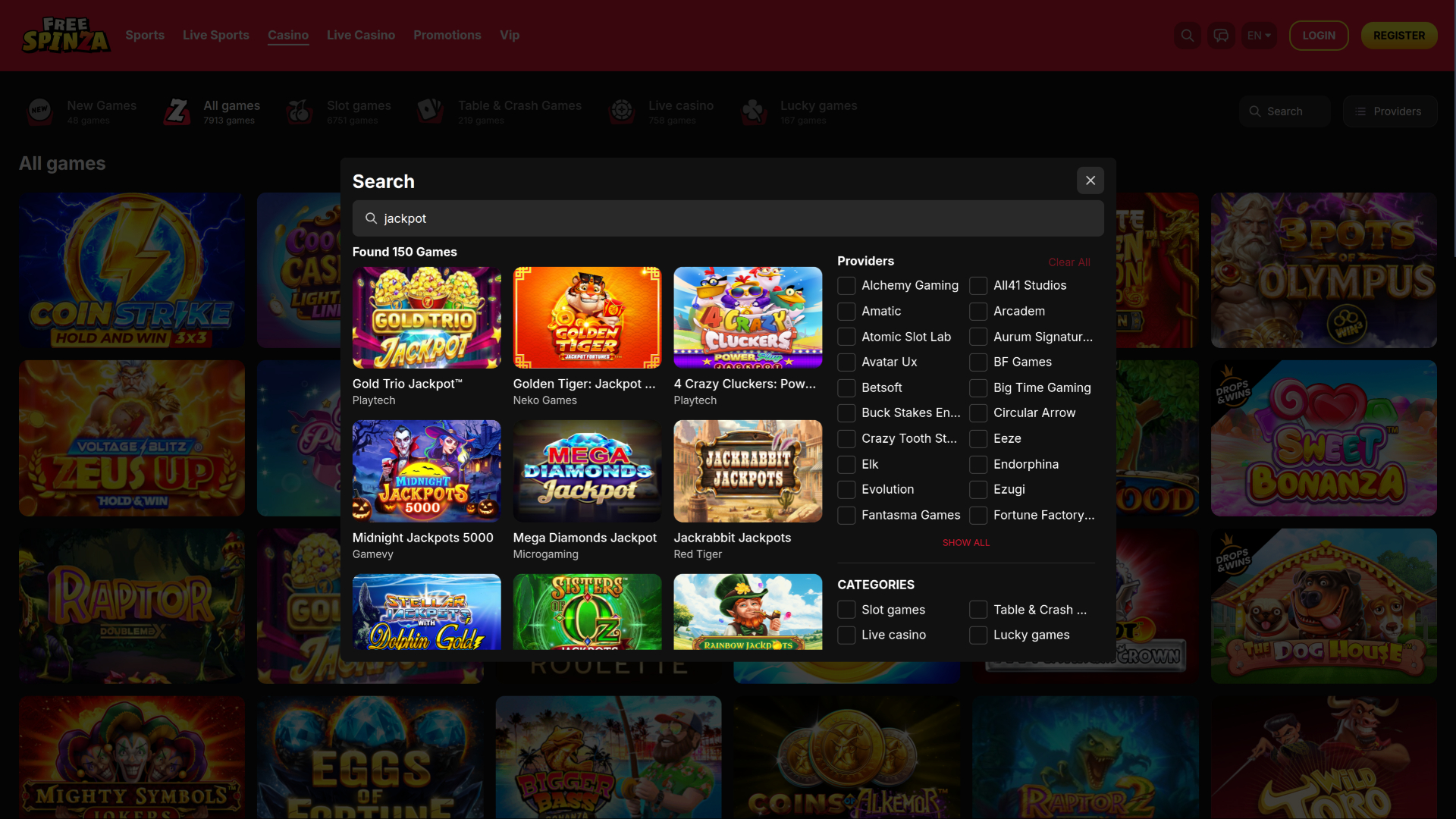 Free Spinza Casino desktop jackpot