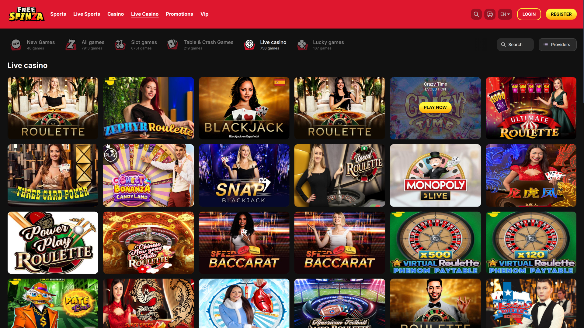 Free Spinza Casino desktop Live dealer