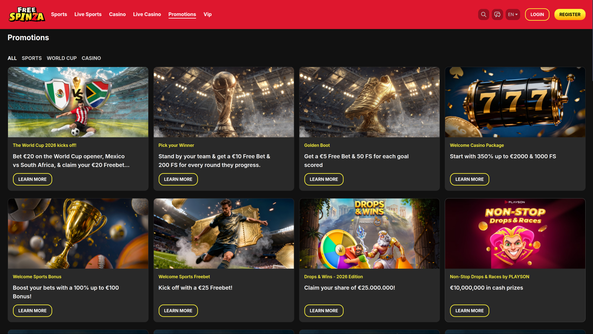 Free Spinza Casino desktop promotions