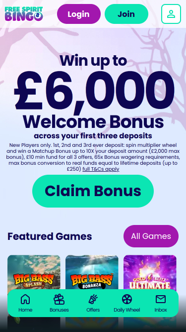 Free Spirit Bingo Mobile Homepage