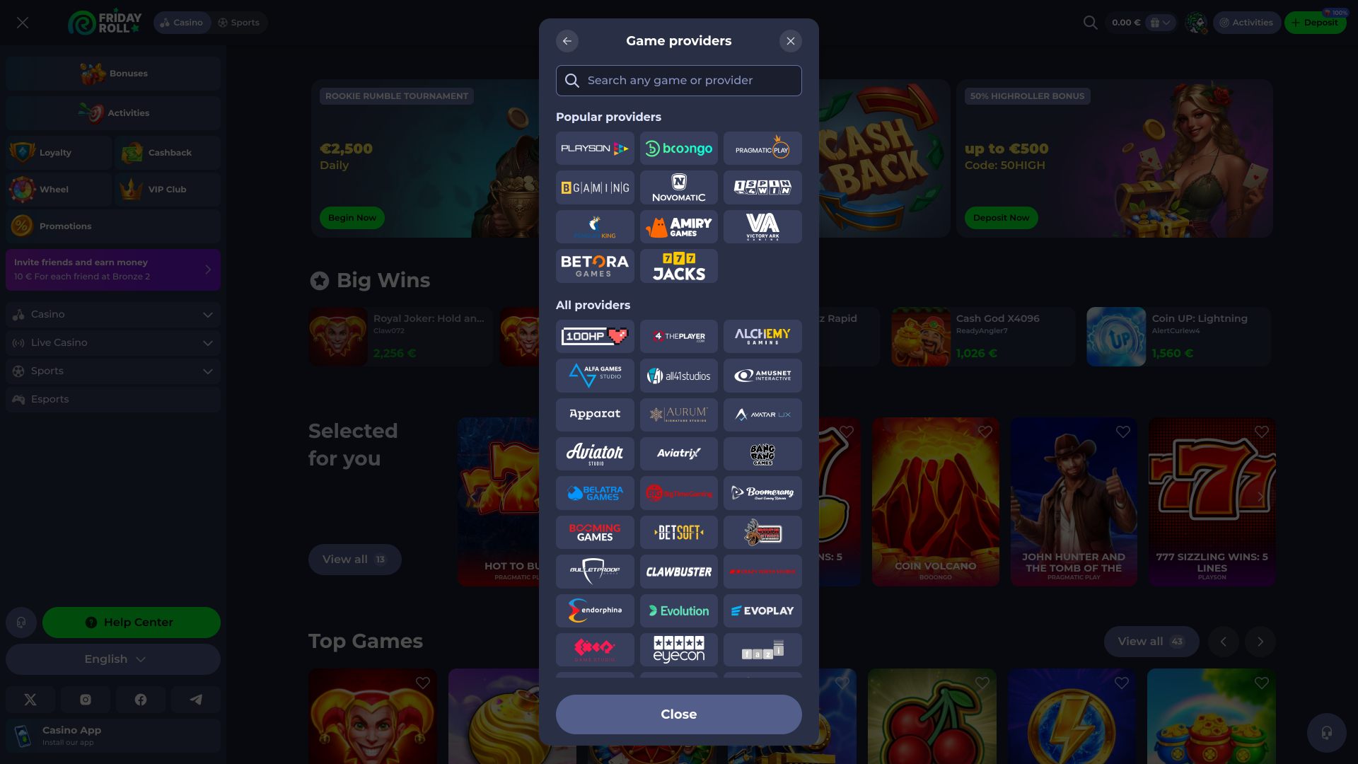 FridayRoll Casino game developers page desktop