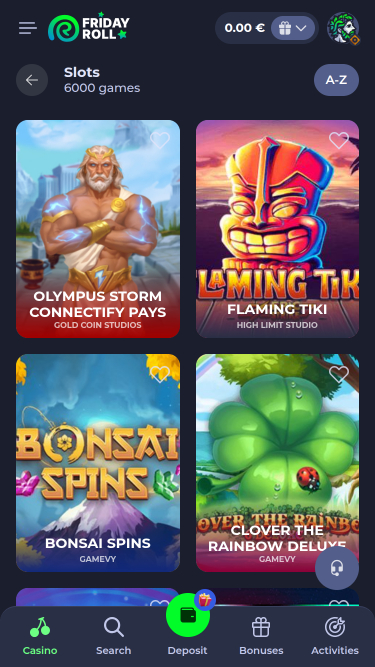 FridayRoll Casino games mobile page