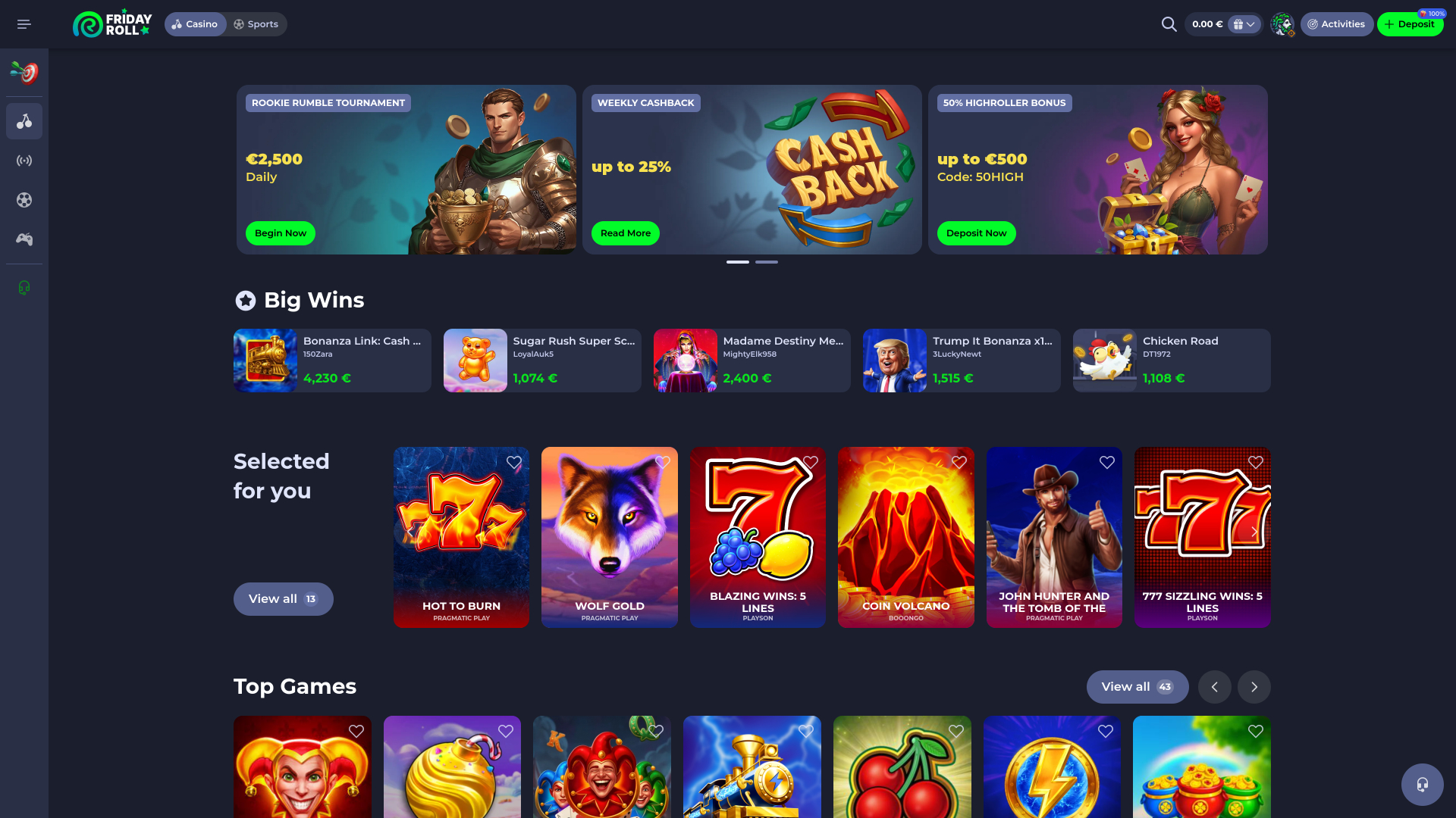 FridayRoll Casino homepage desktop
