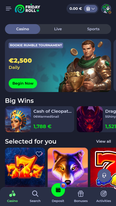 FridayRoll Casino mobile homepage