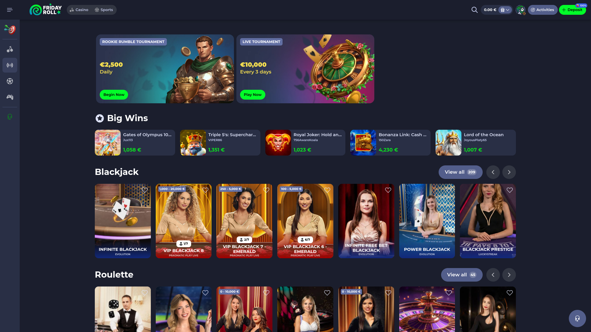FridayRoll Casino live dealer page desktop