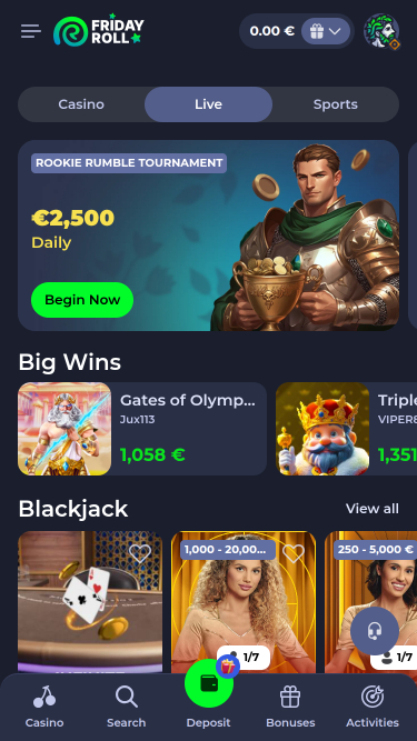 FridayRoll Casino live dealer mobile page