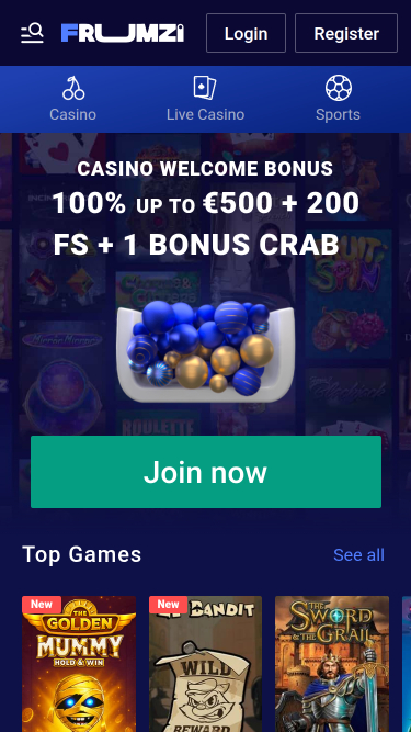 Frumzi Casino Mobile Homepage