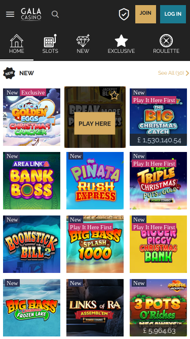Gala Casino Mobile Homepage