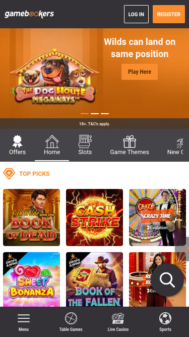 Gamebookers Mobile Homepage
