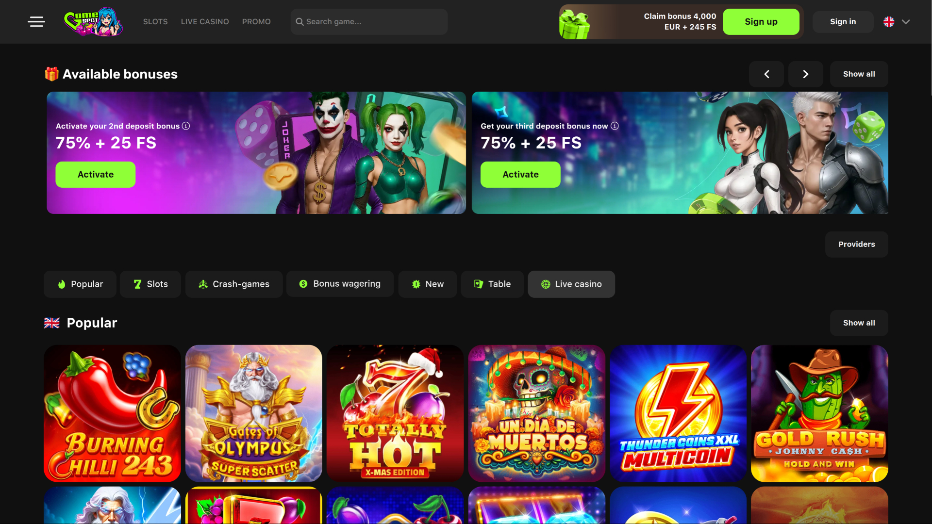 Game Spot Casino Desktop Homepage