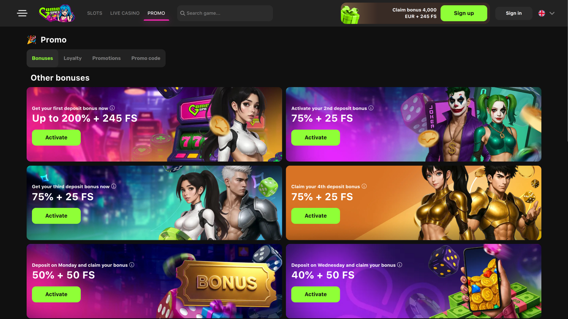 Game Spot Casino Desktop Promotions