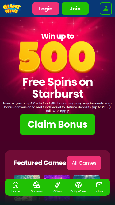 Giant Wins Casino Mobile Homepage