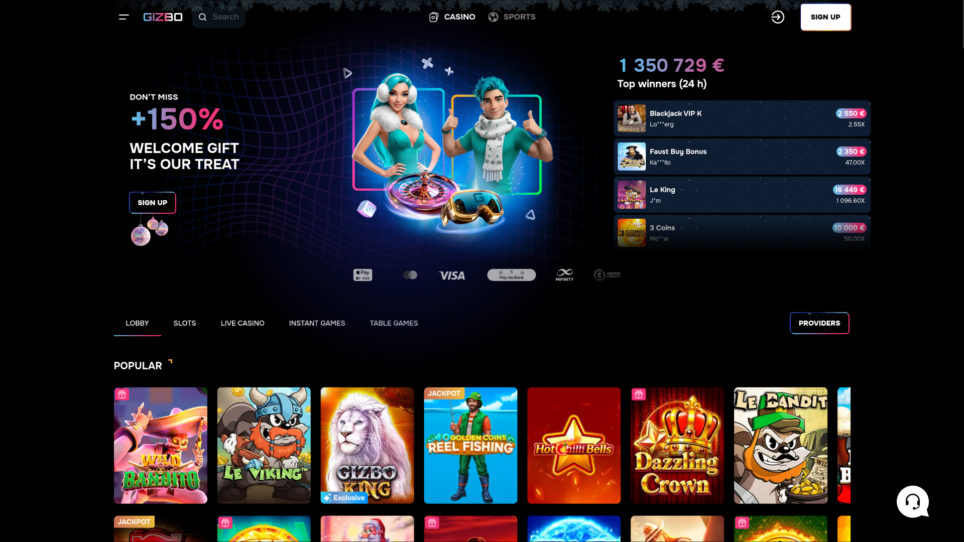 Gizbo Casino Desktop Homepage