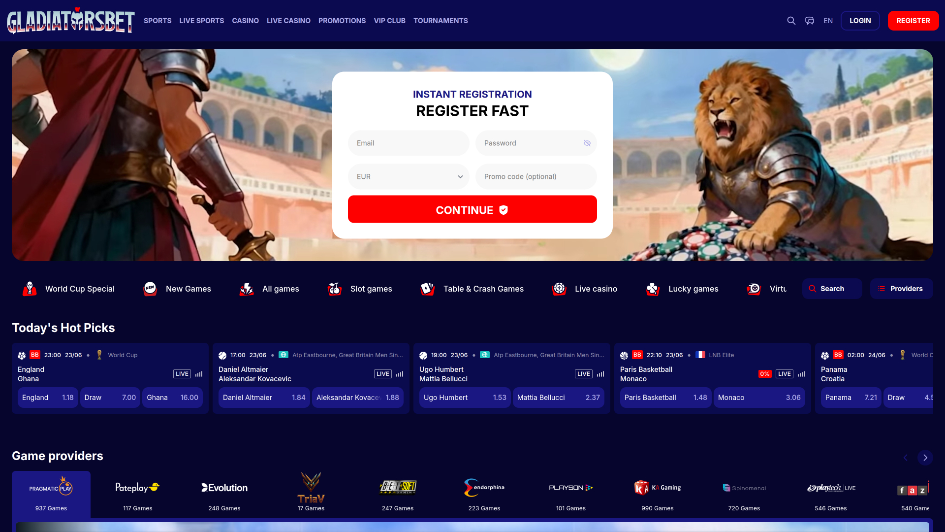 Gladiatorsbet Casino Desktop Homepage