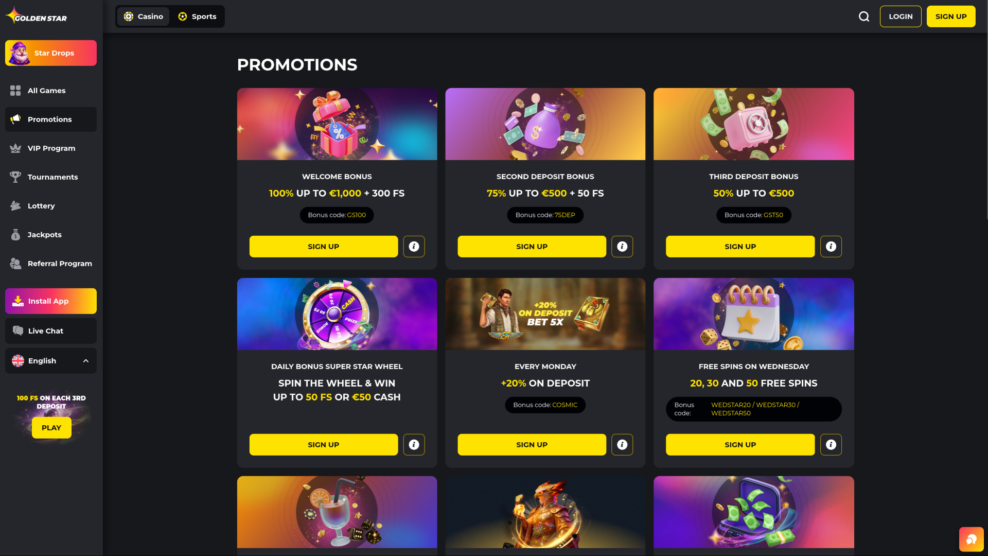 Golden Star Casino Desktop Promotions