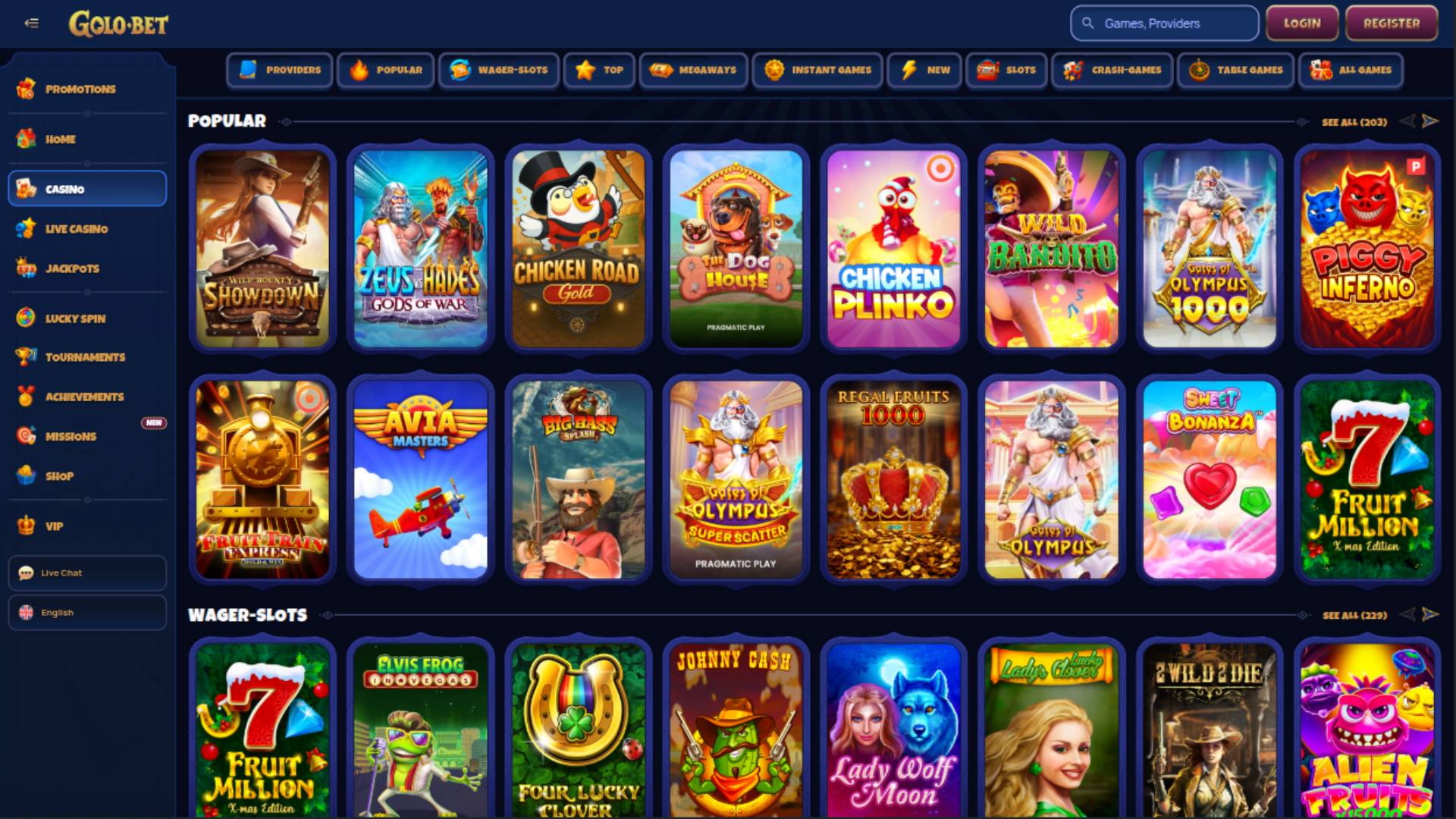 Games page screenshot of Golobet Casino