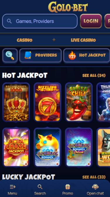 Jackpot mobile page screenshot of Golobet Casino