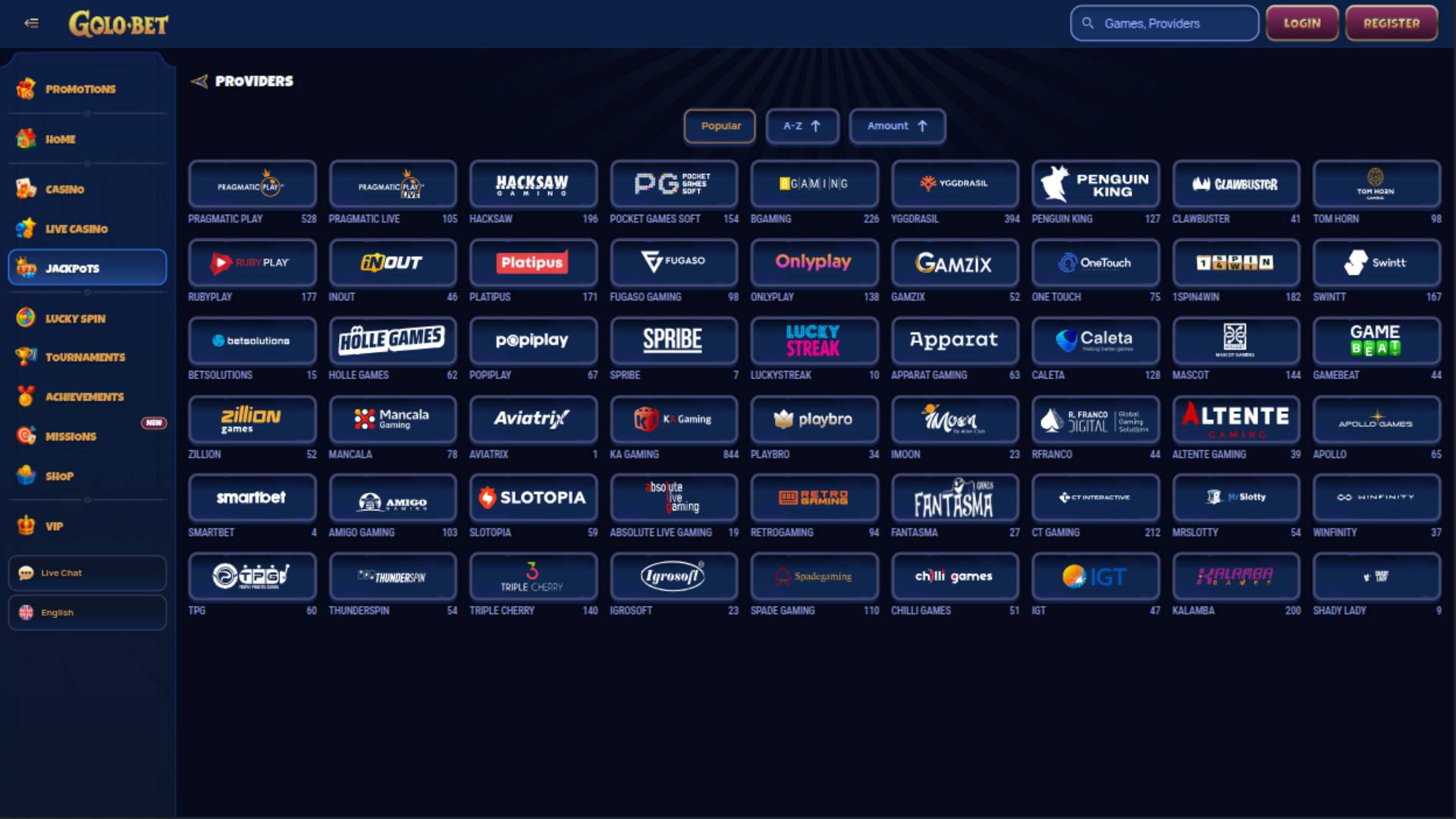 Providers page screenshot of Golobet Casino