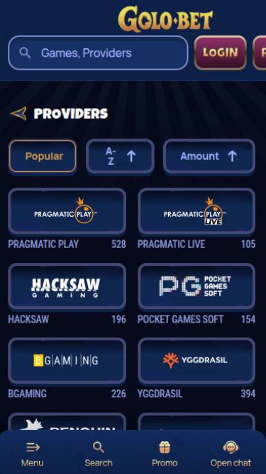 Providers mobile page screenshot of Golobet Casino