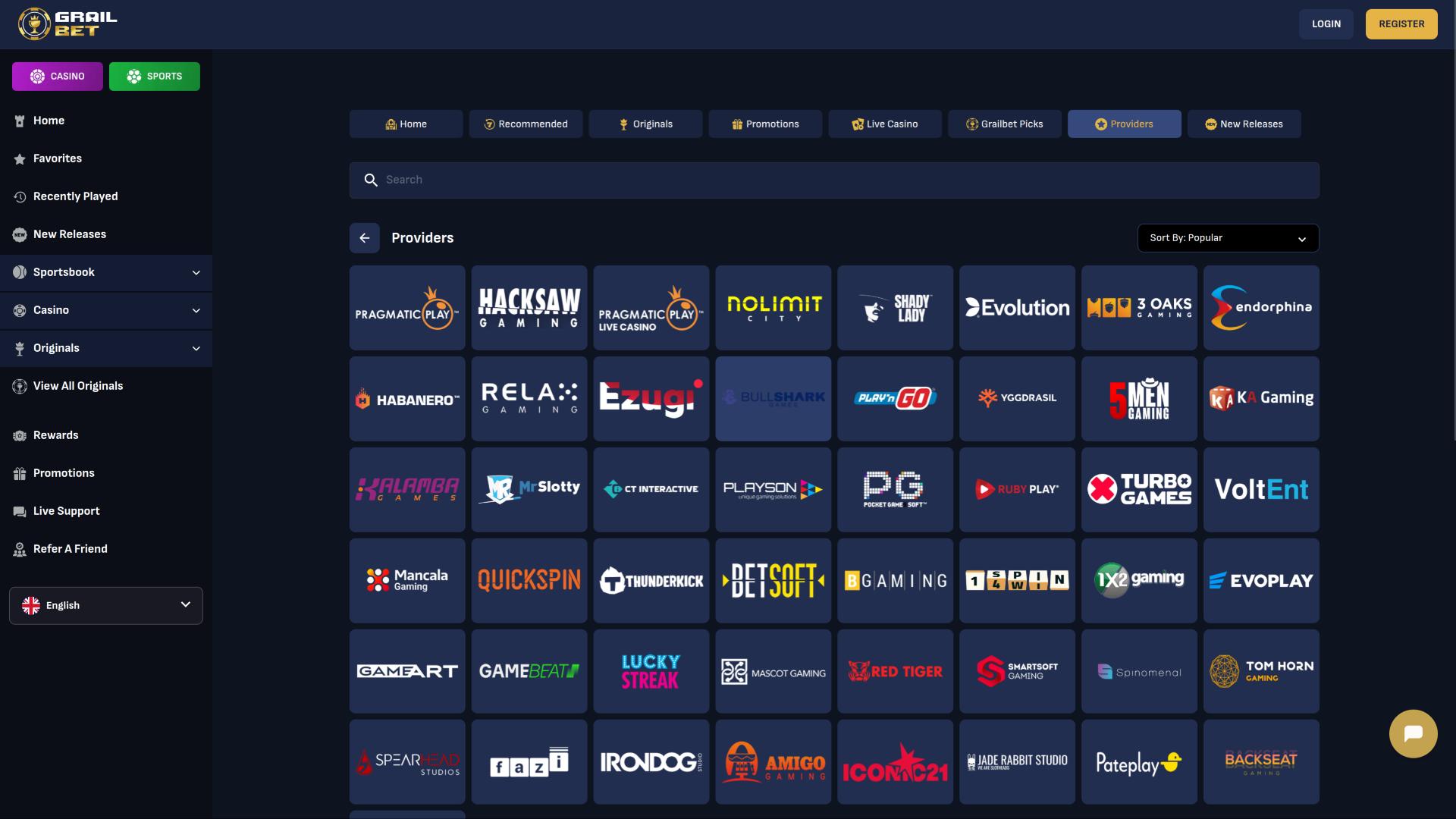 Grailbet Casino game developers page