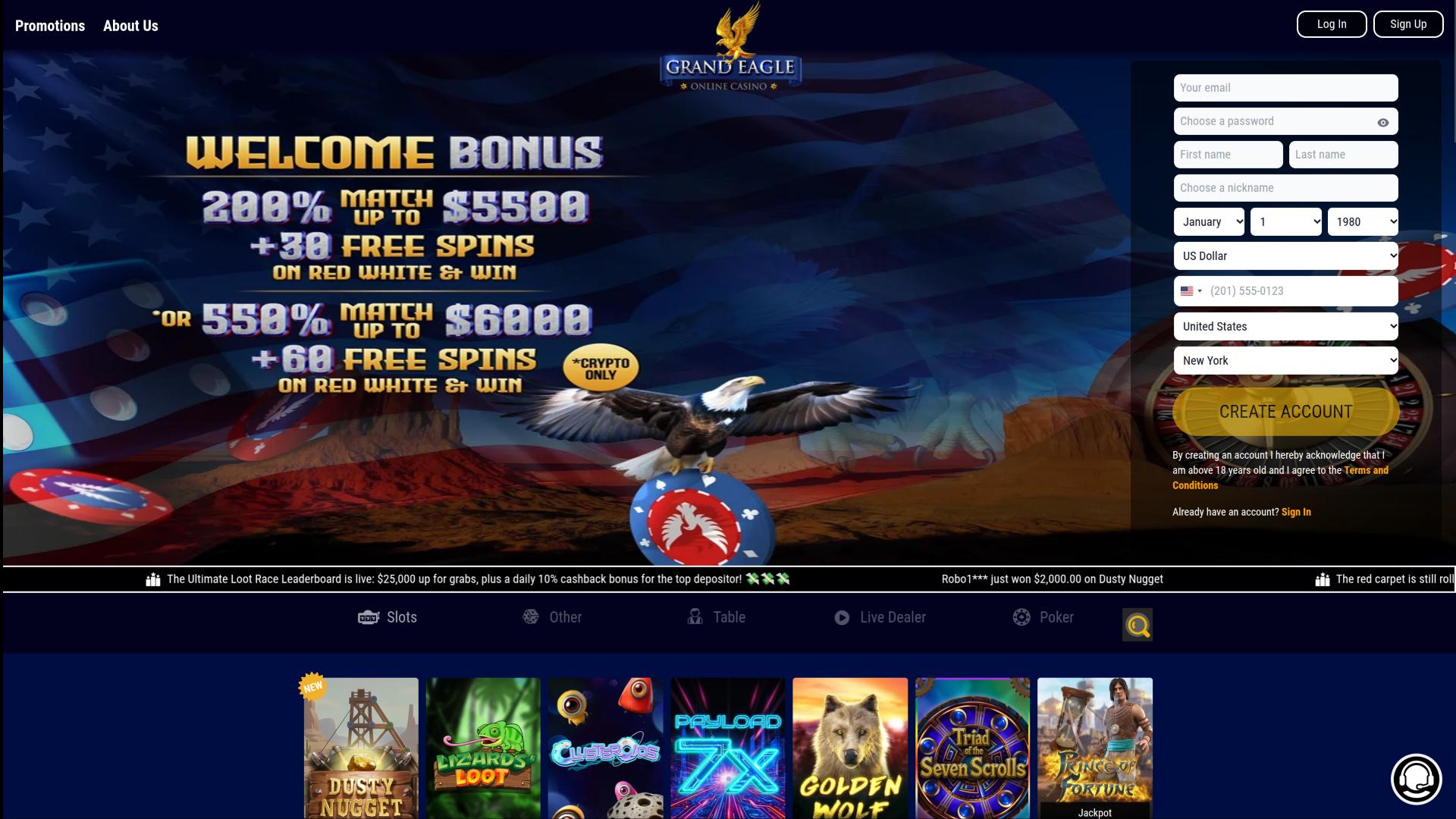 Grand Eagle Casino Desktop Homepage
