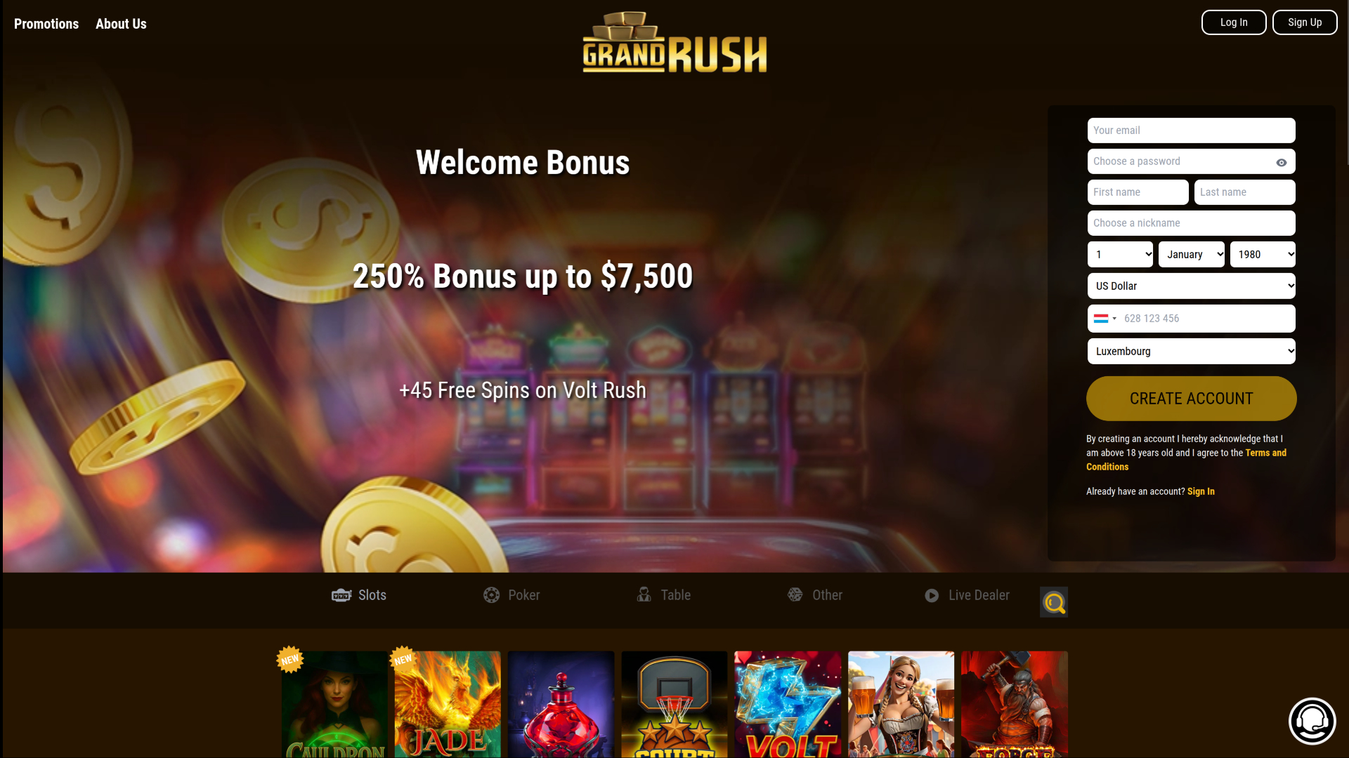 Grand Rush Casino Desktop Homepage