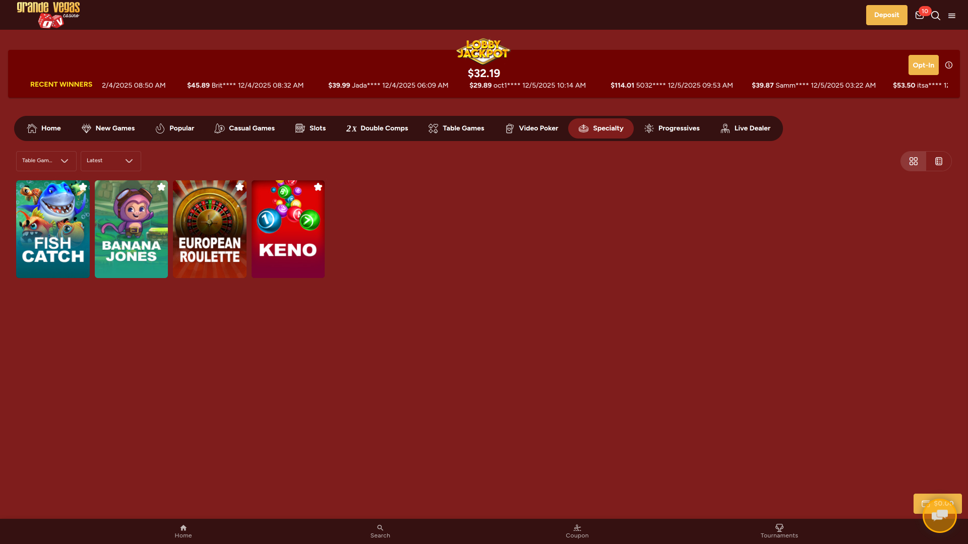 Grande Vegas Casino Desktop specialty