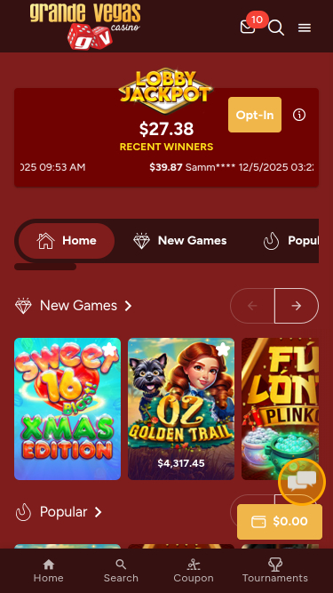Grande Vegas Casino Mobile Homepage