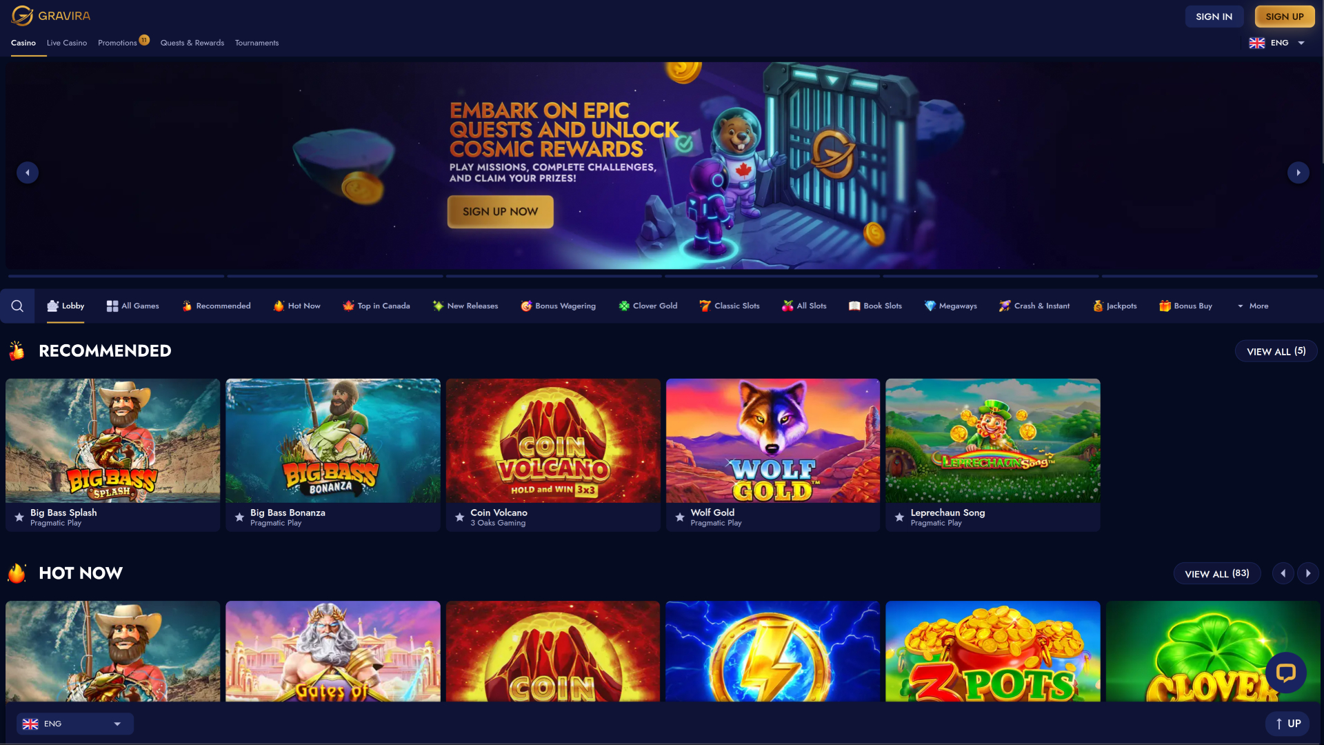 Gravira Casino Desktop Homepage