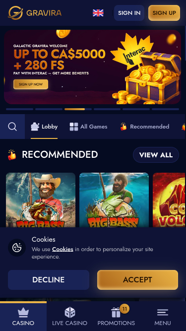 Gravira Casino Mobile Homepage