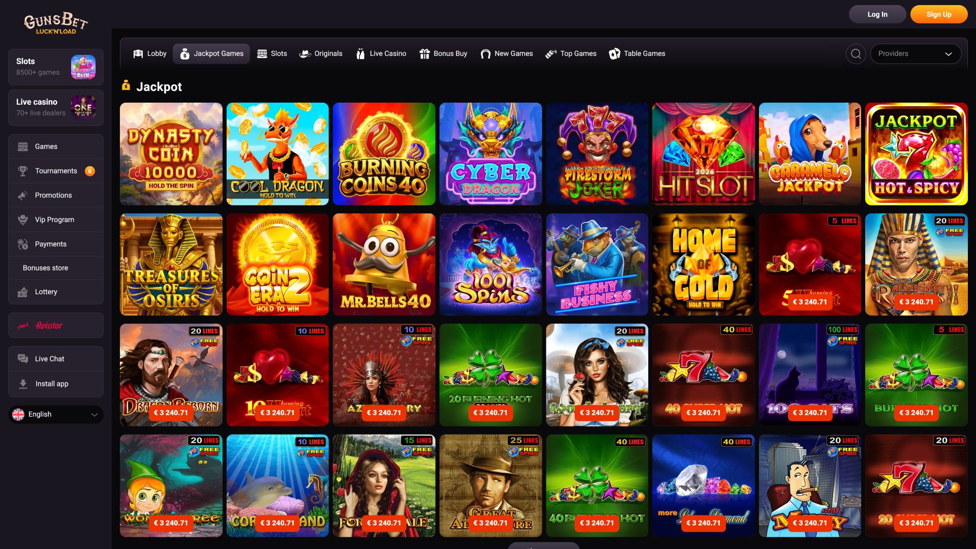 Gunsbet Casino Desktop Image Jackpot
