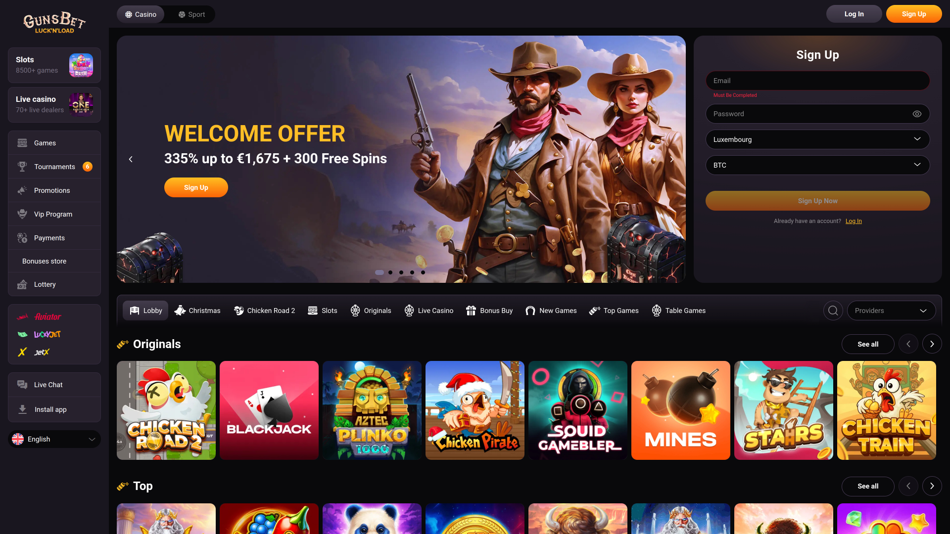 Gunsbet Casino Desktop Homepage