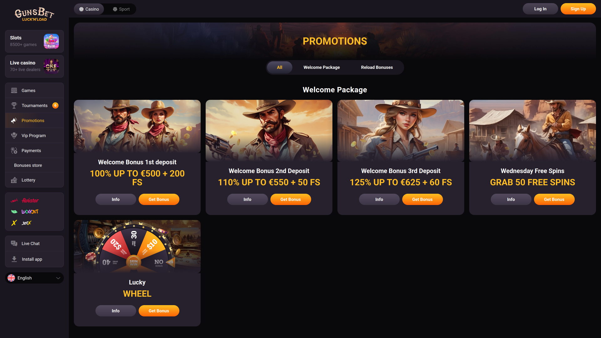 Gunsbet Casino Desktop Promotions