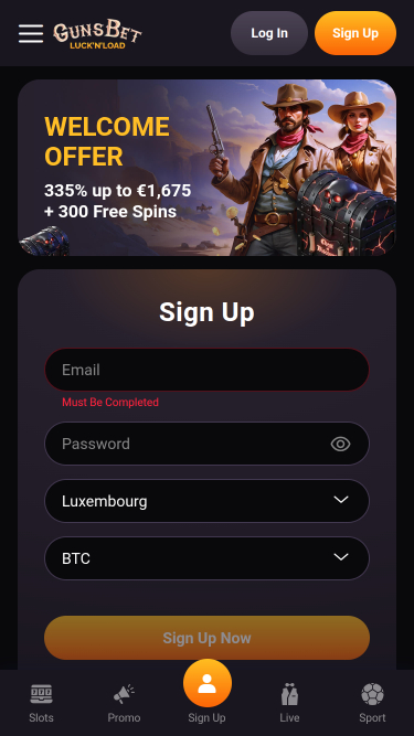 Gunsbet Casino Mobile Homepage