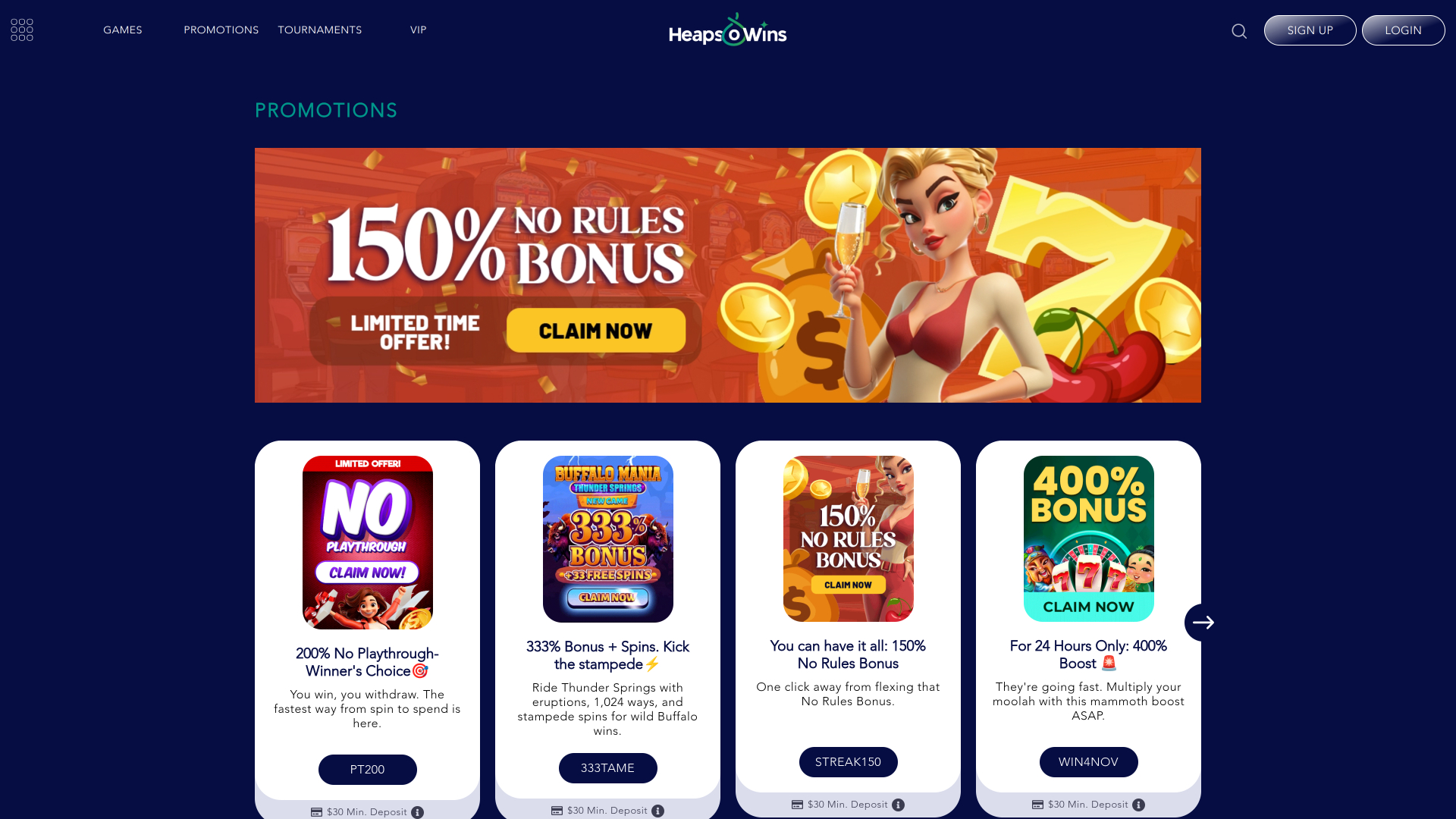 Heaps O Wins Casino Desktop Promotions