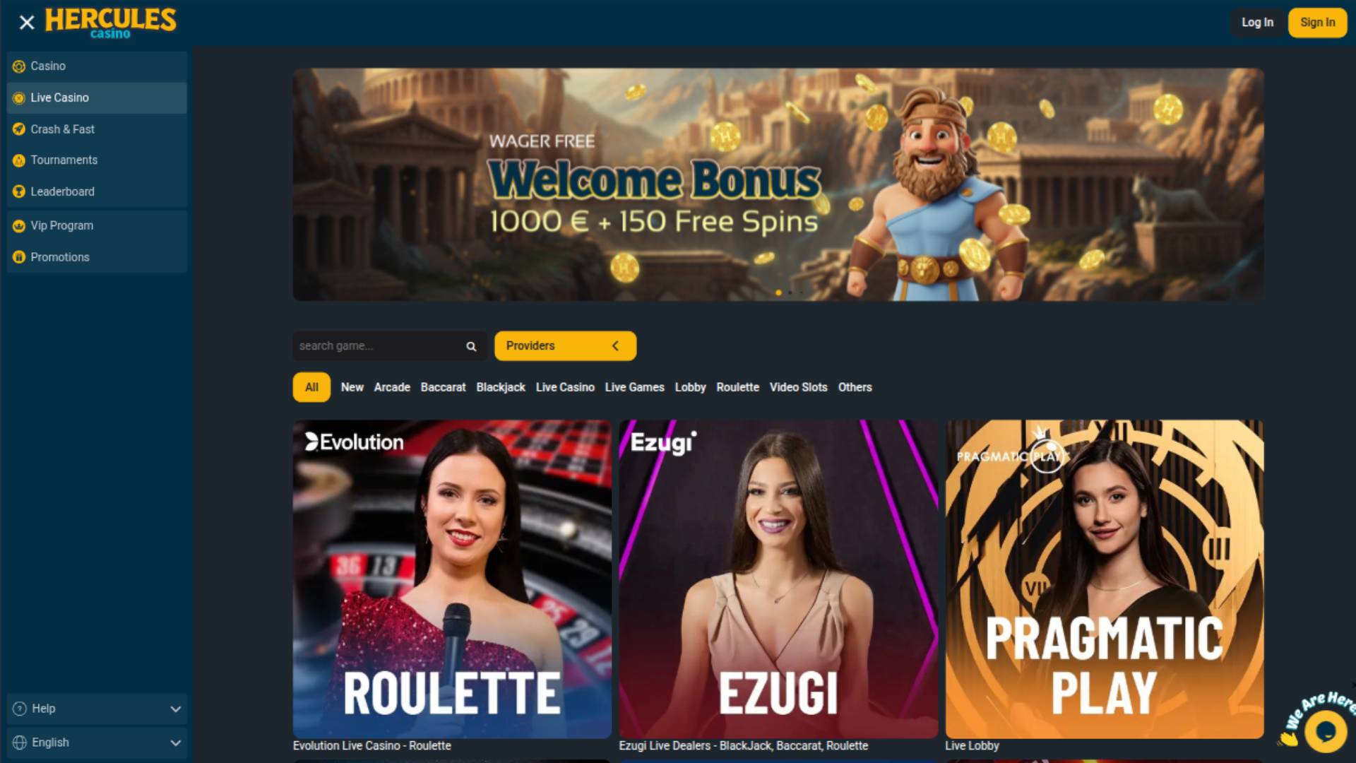 Live page screenshot of Hercules Casino