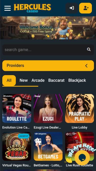 Live mobile page screenshot of Hercules Casino