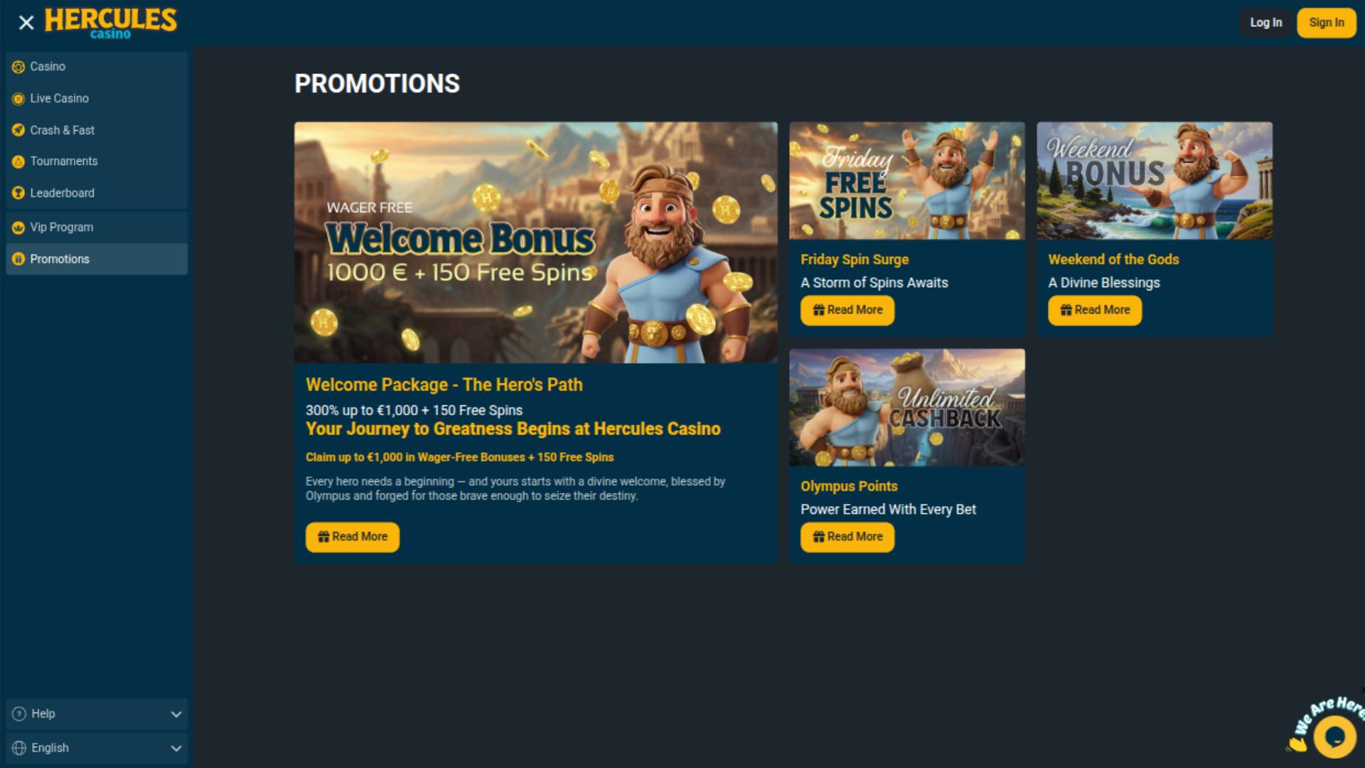 Promotions page screenshot of Hercules Casino