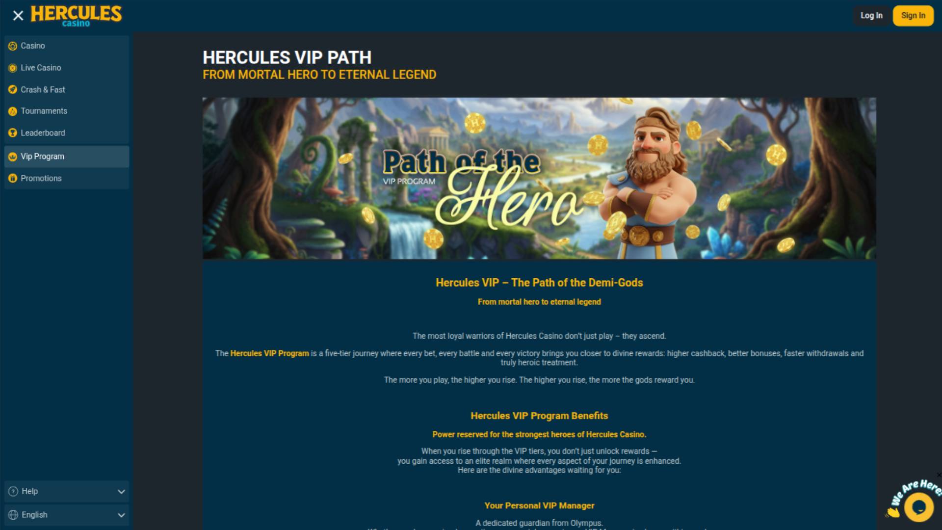 VIP page screenshot of Hercules Casino