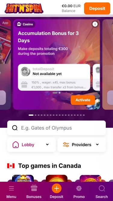 Hitnspin Casino Mobile Image Homepage