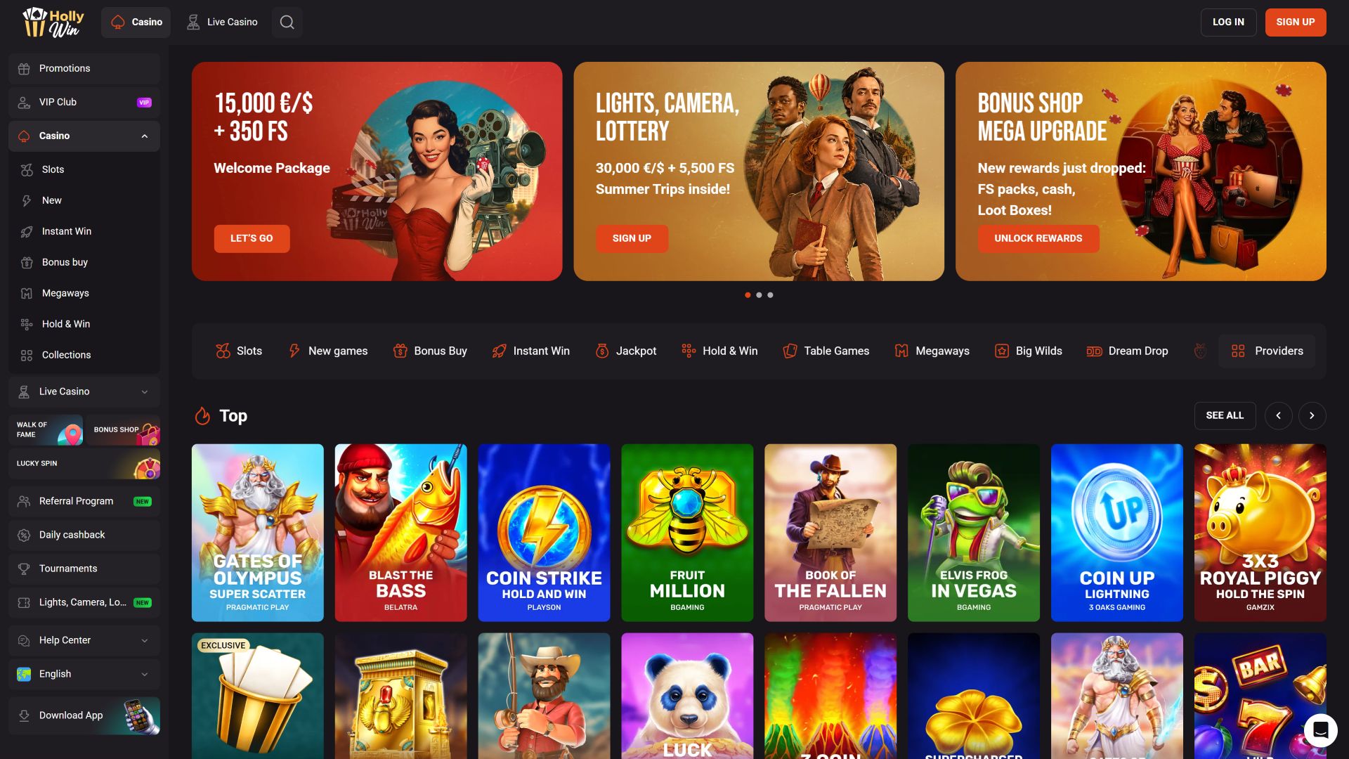 Hollywin Casino Desktop Homepage