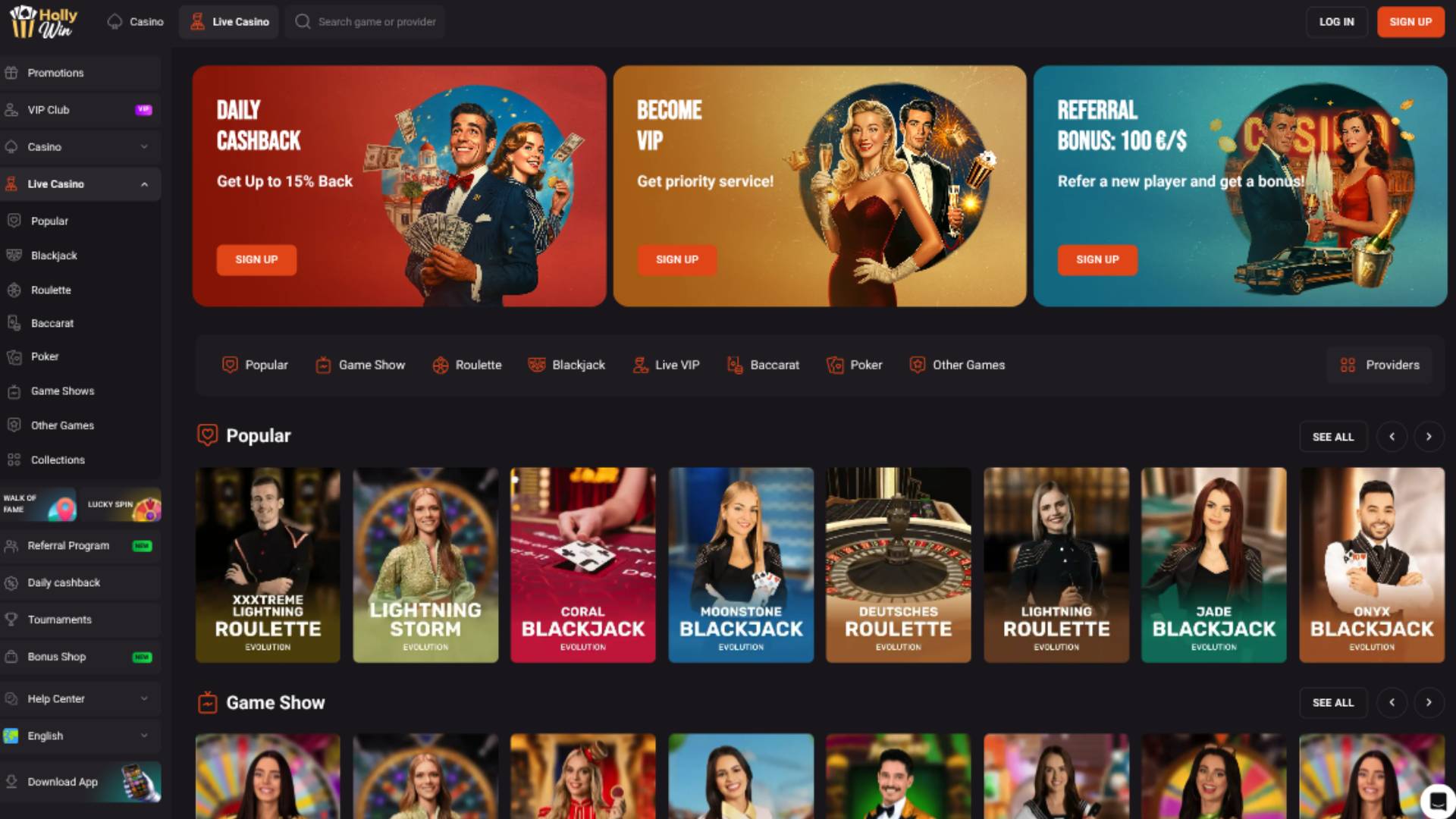 Live page screenshot of Hollywin Casino