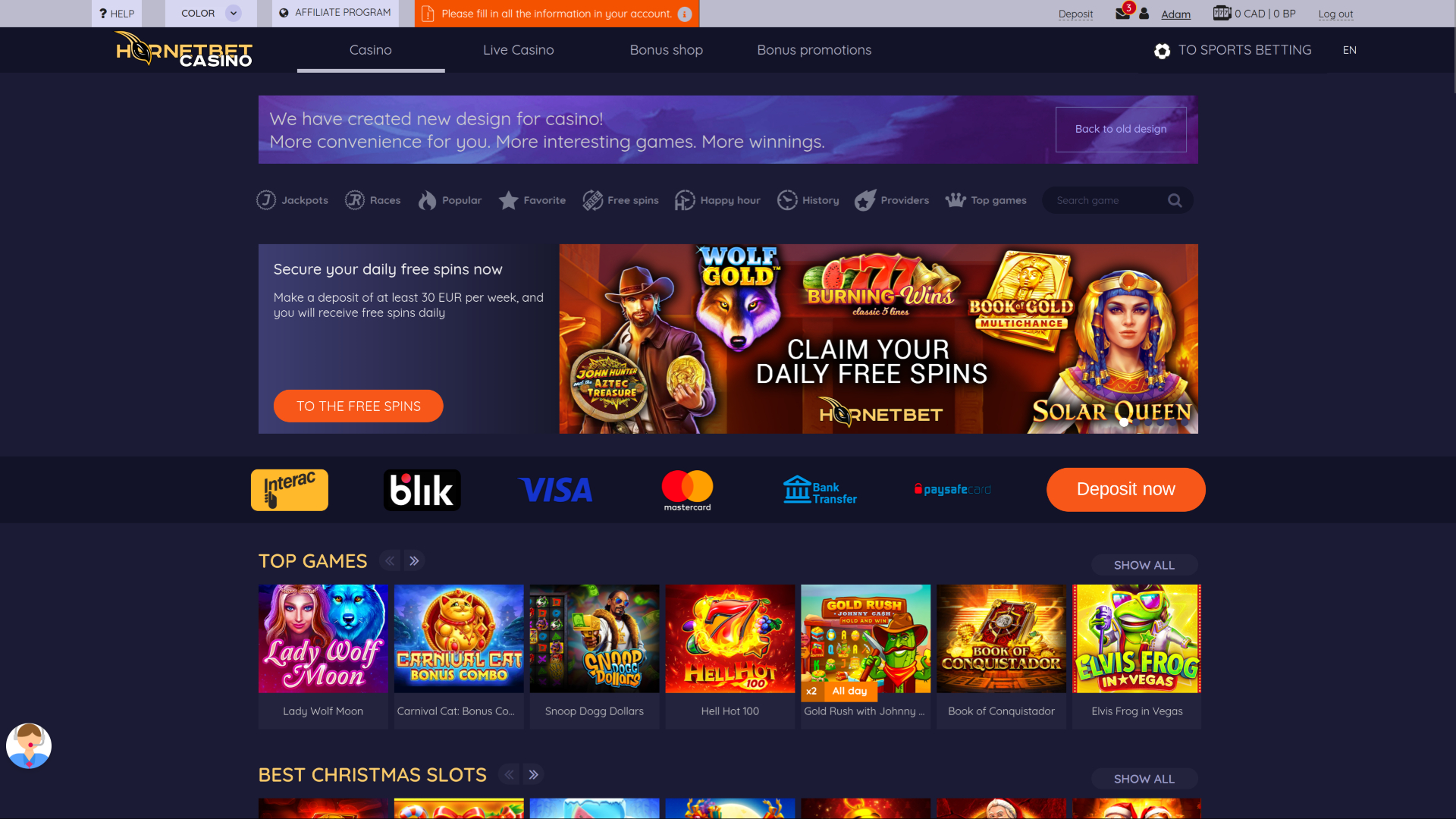 Hornetbet Casino Desktop Homepage