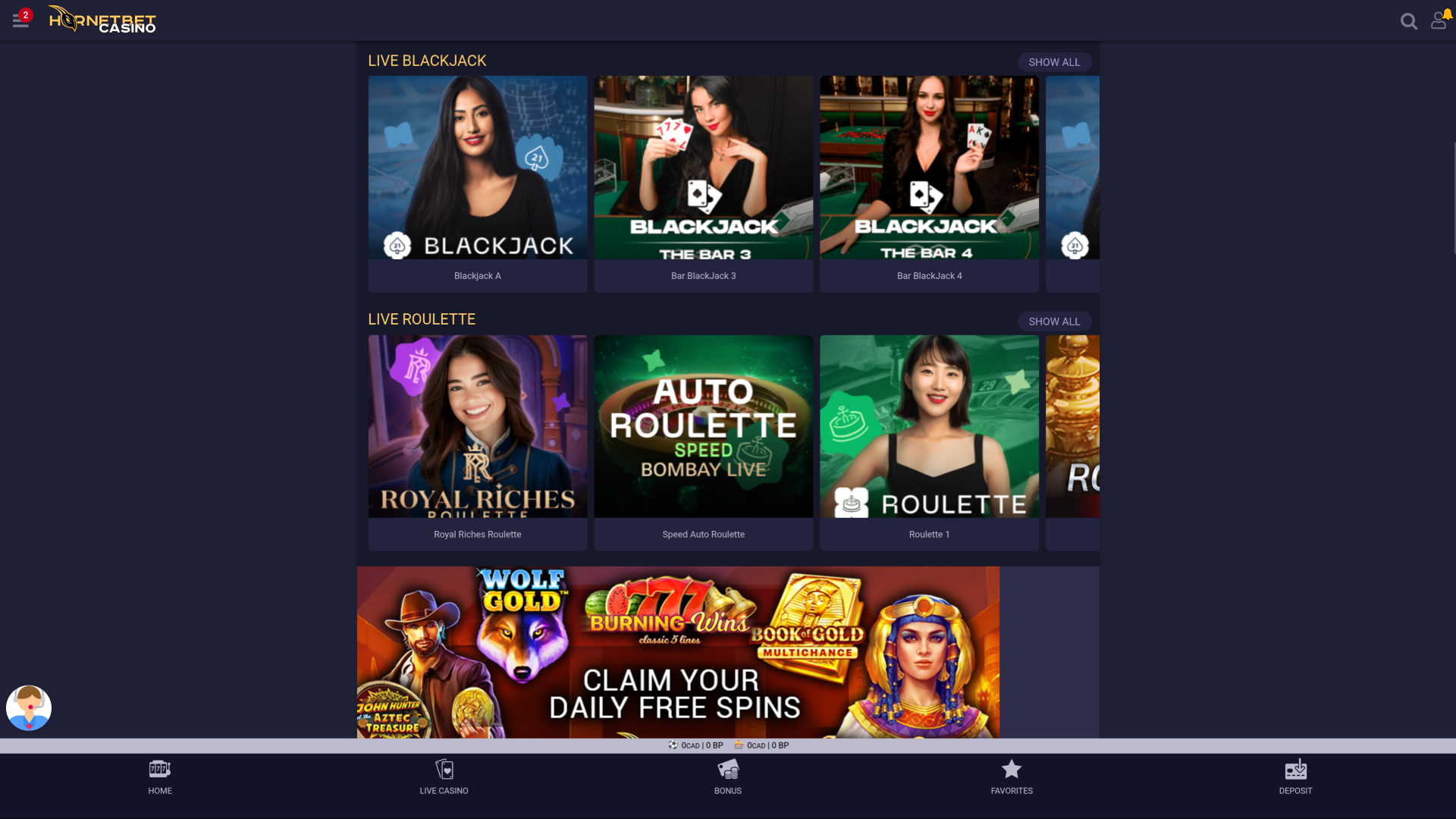 Hornetbet Casino Desktop Live Dealer