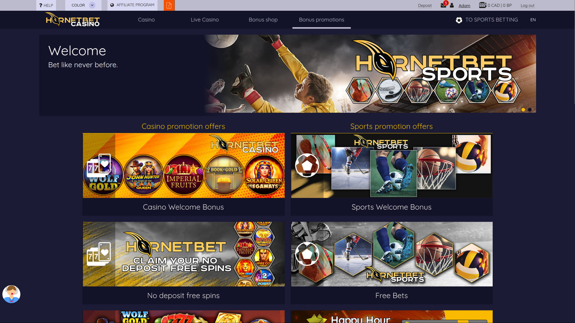 Hornetbet Casino Desktop Promotions