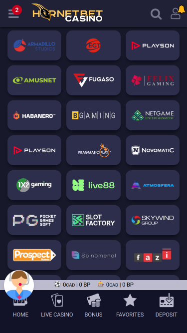 Hornetbet Casino Mobile Game Developers