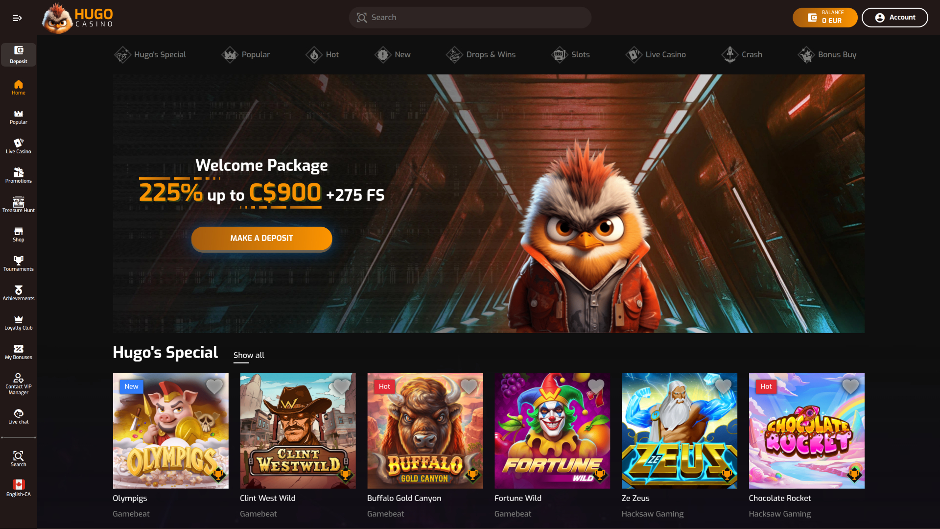 Hugo Casino Desktop Homepage