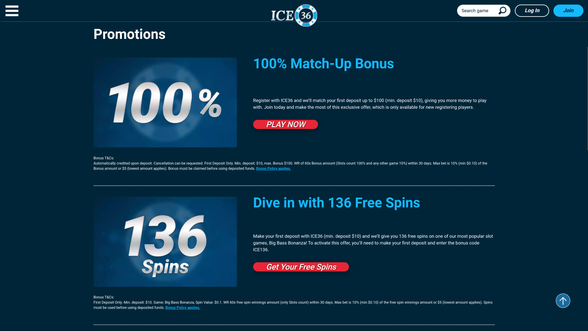 Ice36 Casino Desktop-Aktionen