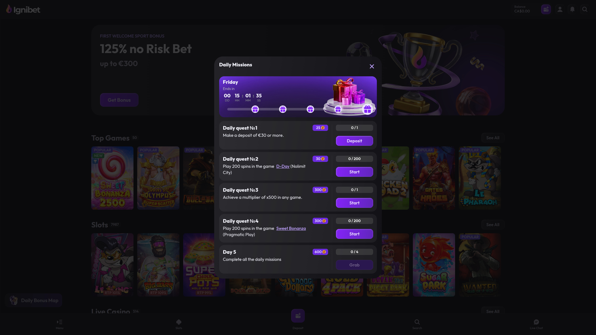 Ignibet Casino Daily Missions Desktop