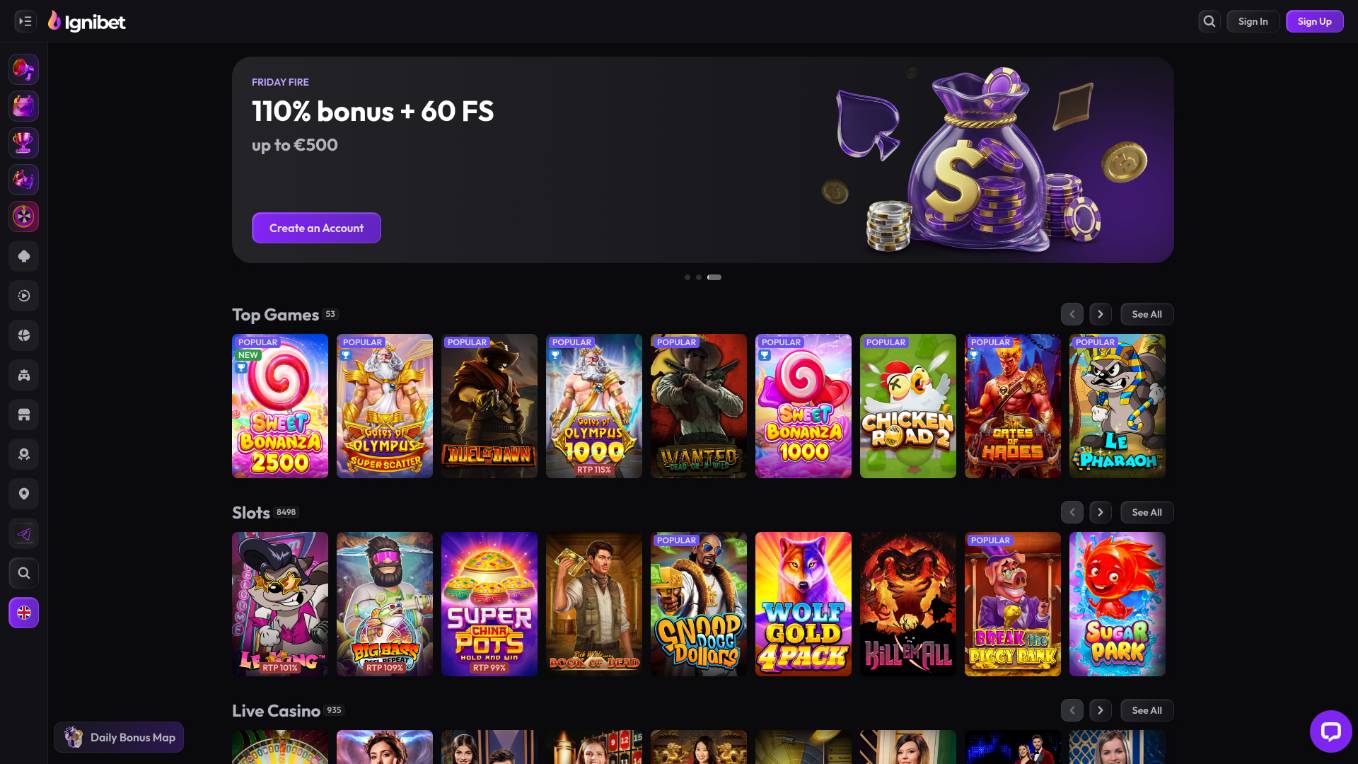 Ignibet Casino Homepage Desktop